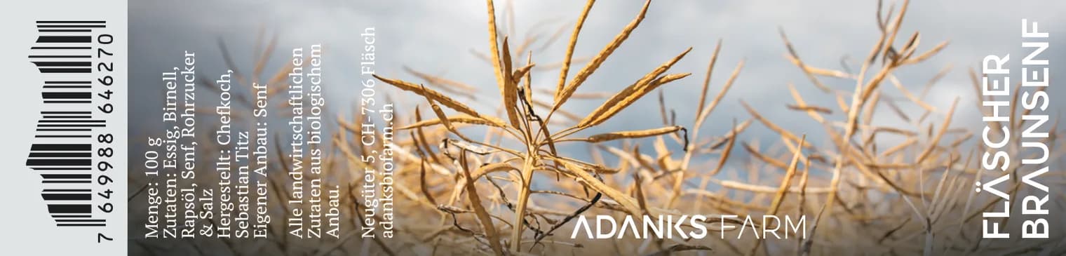 Etikette Fläscher Braunsenf von Adanks Biofarm, hergestellt von Chefkoch Sebastian Titz