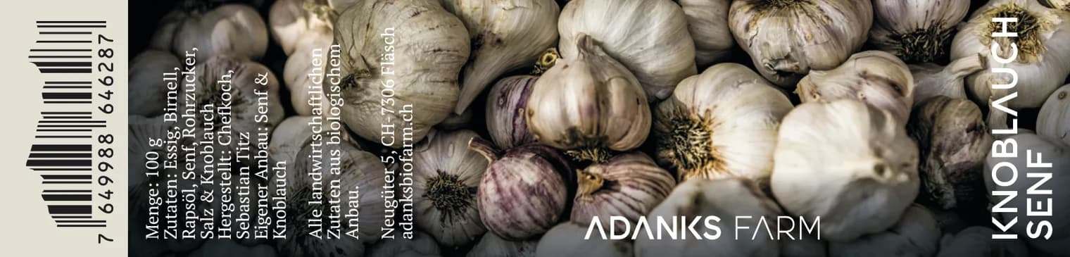 Etikette Knoblauch-Senf von Adanks Biofarm, hergestellt von Chefkoch Sebastian Titz