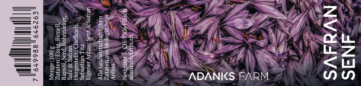 Etikette Safran-Senf von Adanks Biofarm, hergestellt von Chefkoch Sebastian Titz