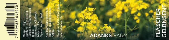 Etikette Fläscher Gelbsenf von Adanks Biofarm, hergestellt von Chefkoch Sebastian Titz